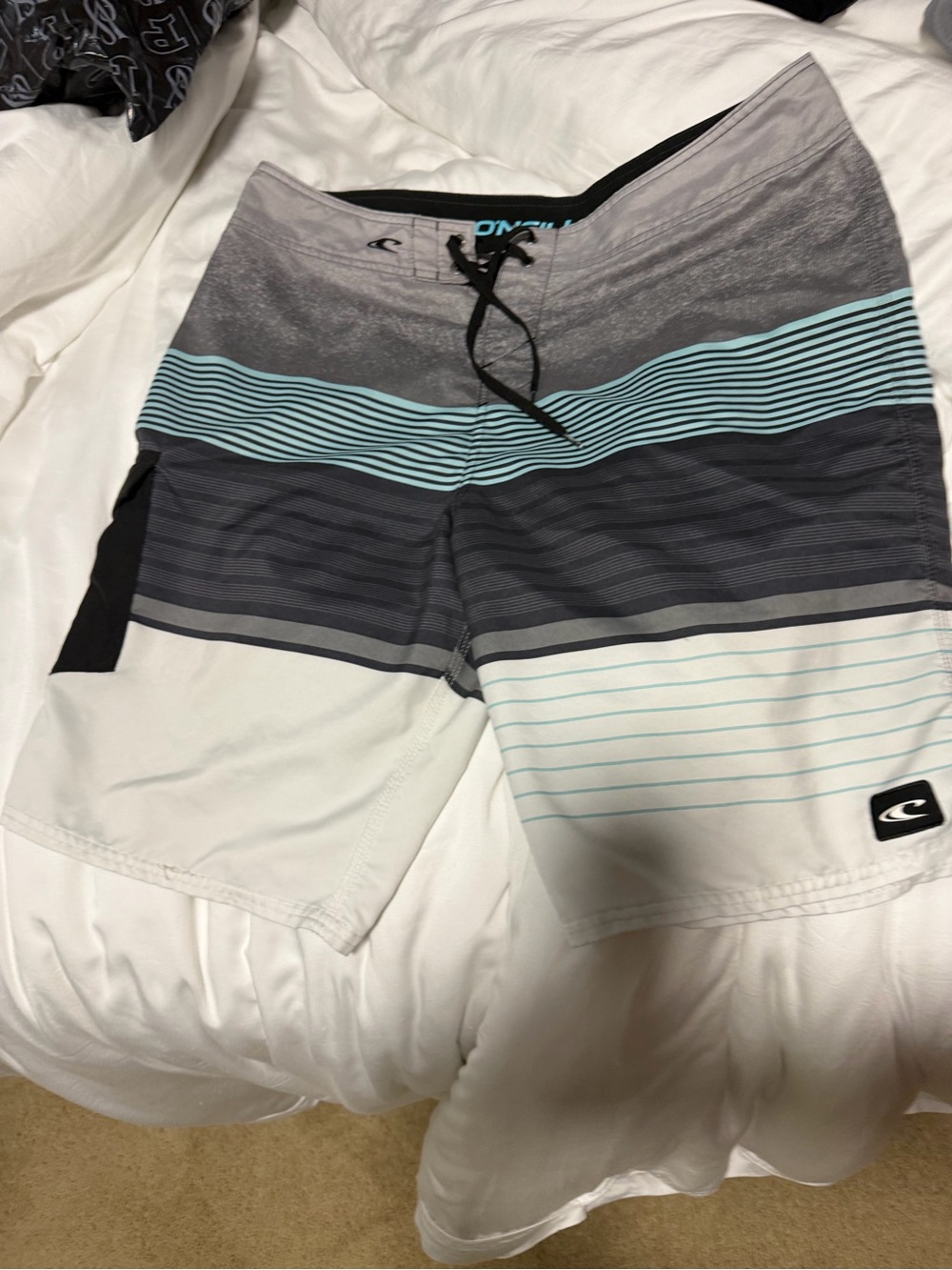 O'Neill Men's Gray, Black & Light Blue Striped Board Shorts